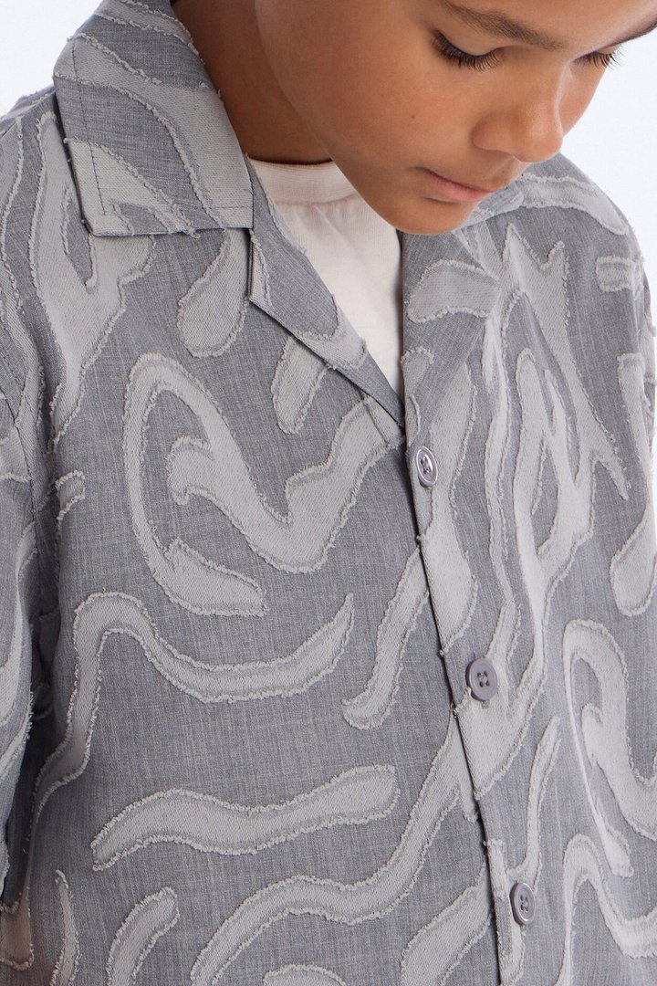 Mini Midnight Wave Cuban Button Up Shirt - Grey