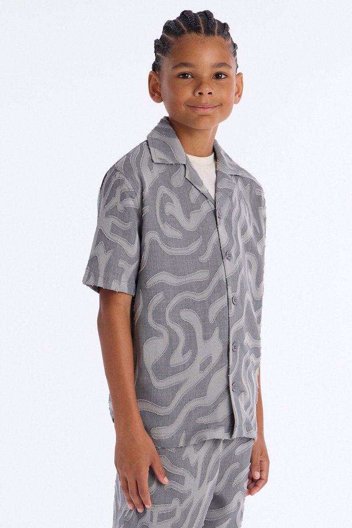 Mini Midnight Wave Cuban Button Up Shirt - Grey