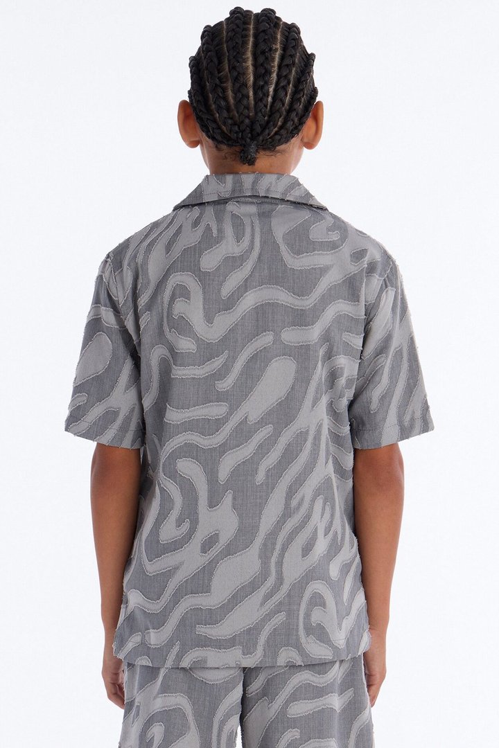 Mini Midnight Wave Cuban Button Up Shirt - Grey