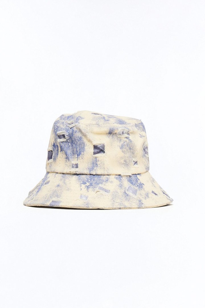 Distressed Detail Painted Denim Bucket Hat - Cream/combo