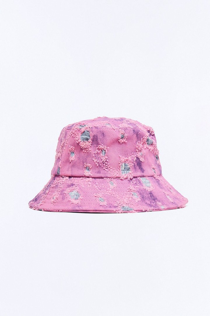 Distressed Detail Washed Denim Bucket Hat - Pink