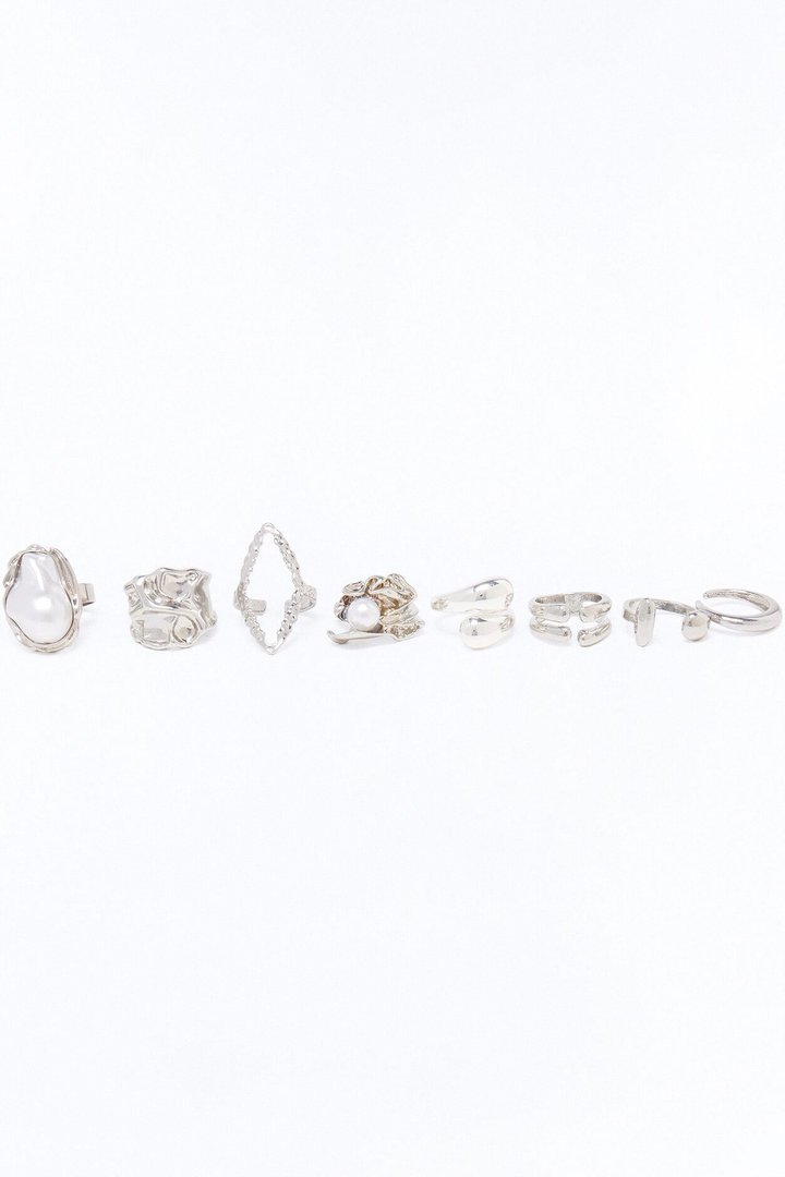 Water Pearl 8 Piece Multi Ring Set - Silver