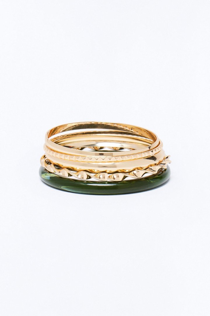 Too Much Hardware 5 Piece Bangle Set - Gold/Green