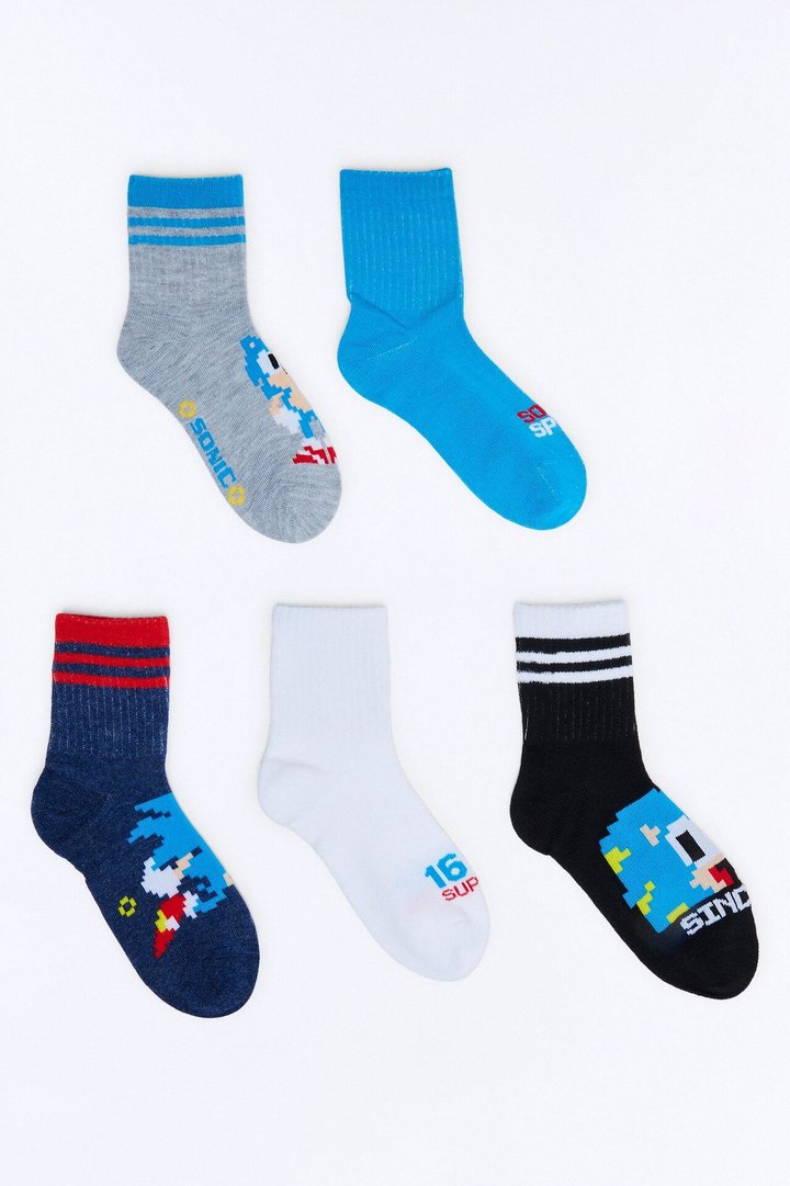 Mini 8 Bit Sonic 5 Pack Crew Socks - Grey/combo