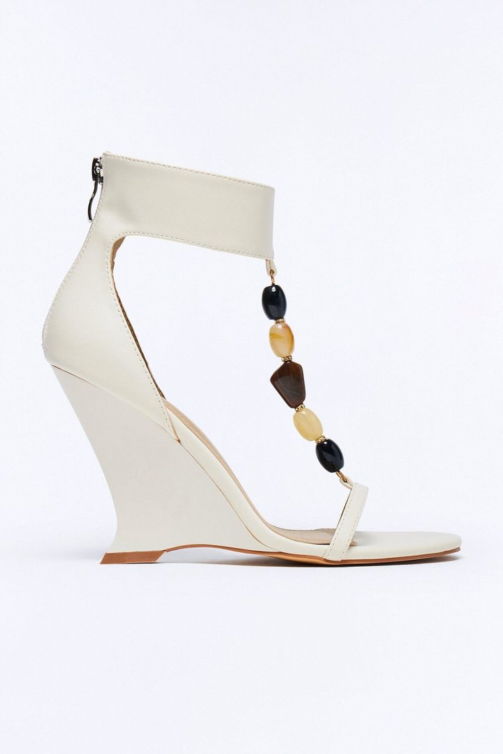 Rockie Beaded Ankle Strap Wedges - Cream