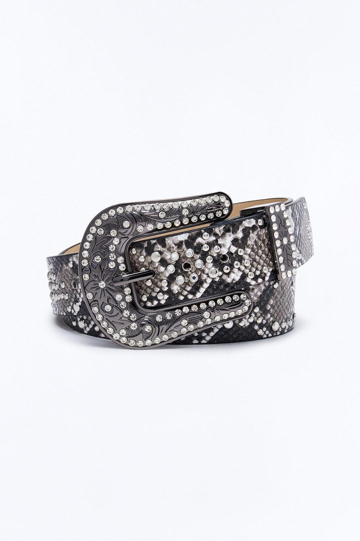 Rhinestone Embellished Snake Western Buckle Belt - Grey