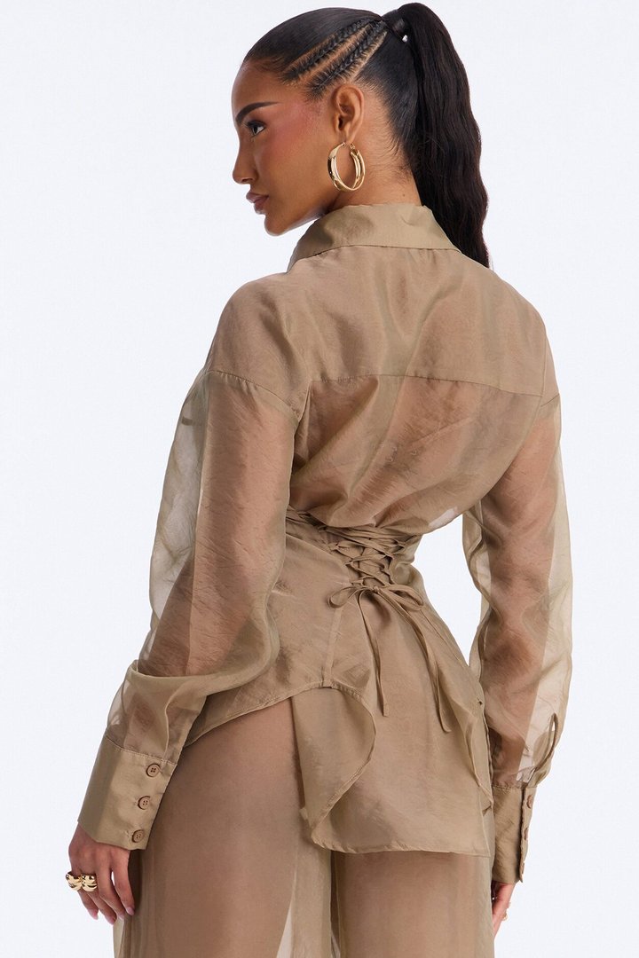 Celine Organza Lace Up Shirt - Olive