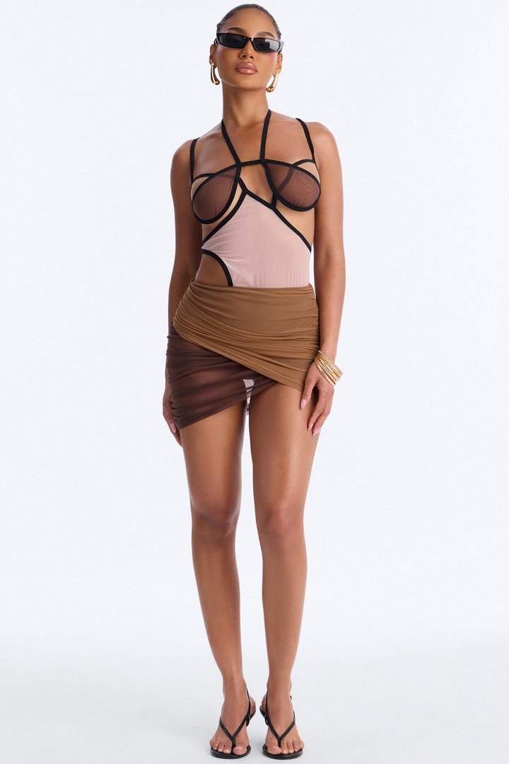 Cleo Colorblock Cut Out Mesh Mini Dress - Brown/combo