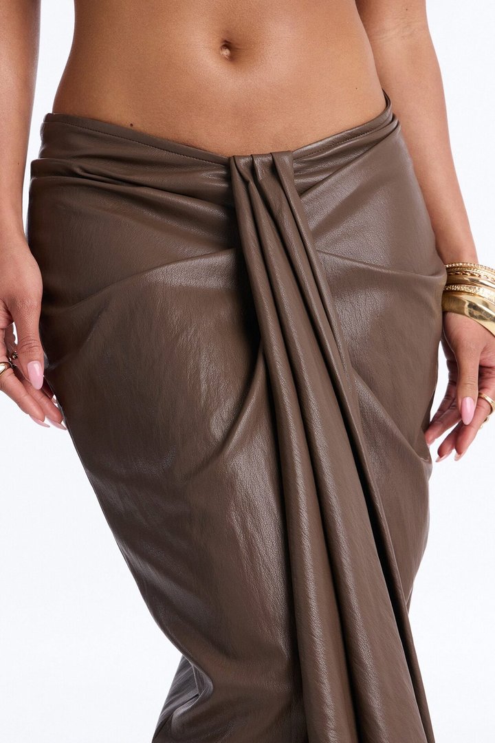 Siren Faux Leather Midi Skirt Set - Dark Brown