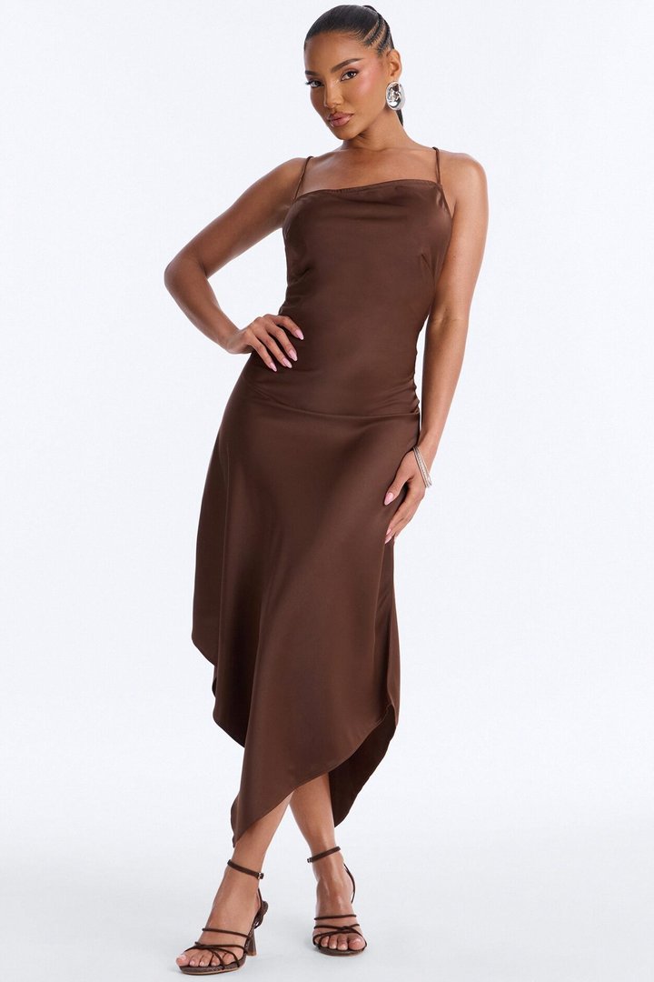 Gia Satin Midi Dress - Chocolate