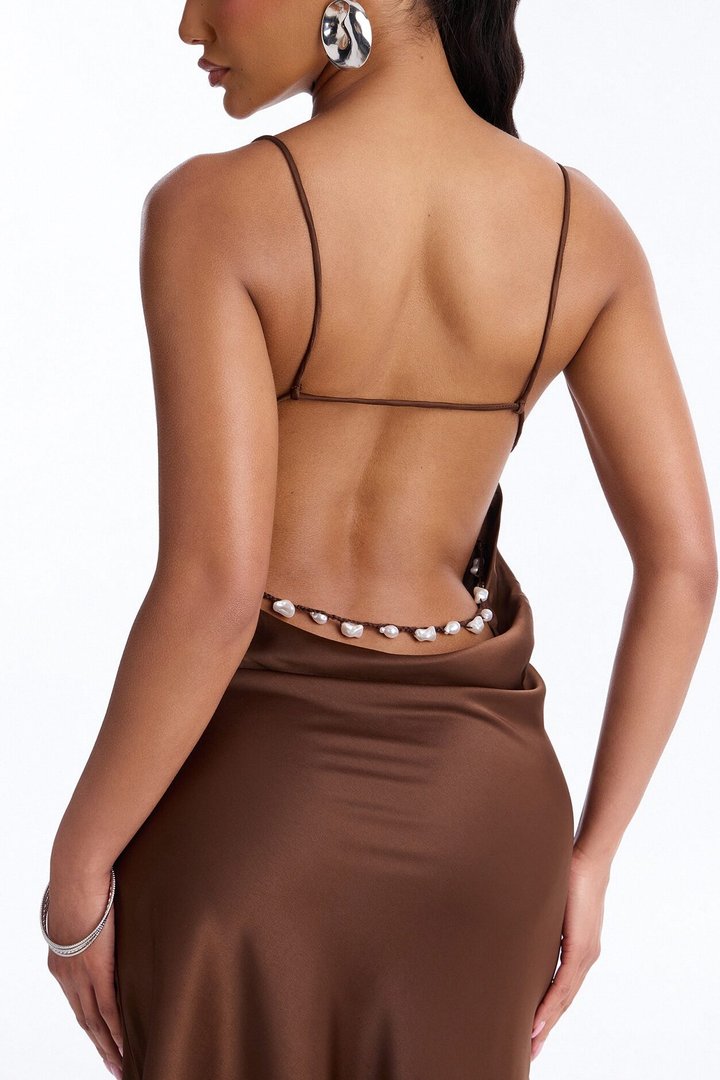 Gia Satin Midi Dress - Chocolate