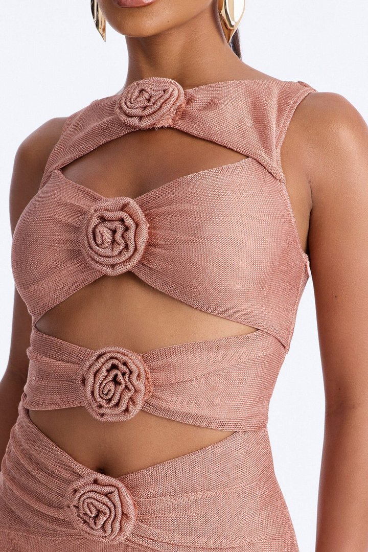 Midnight Metallic Rosette Cut Out Mini Dress - Rose Gold