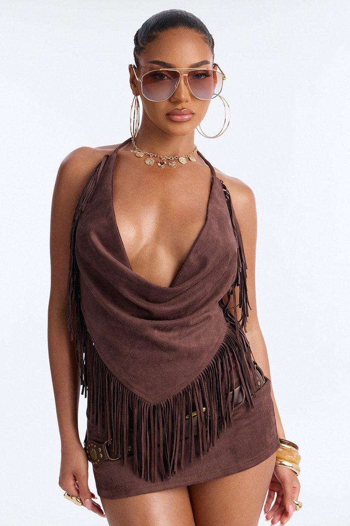 Rent Free Faux Suede Fringe Halter Skirt Set - Chocolate