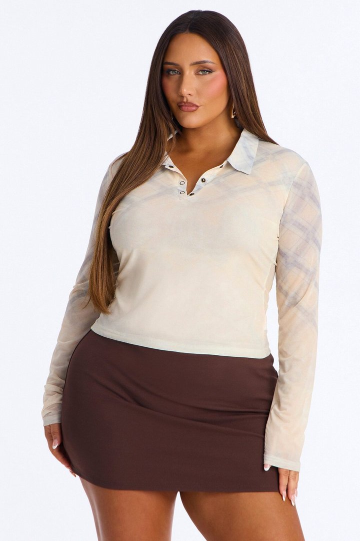 Street Grid Plaid Mesh Collar Long Sleeve Top - Yellow/combo