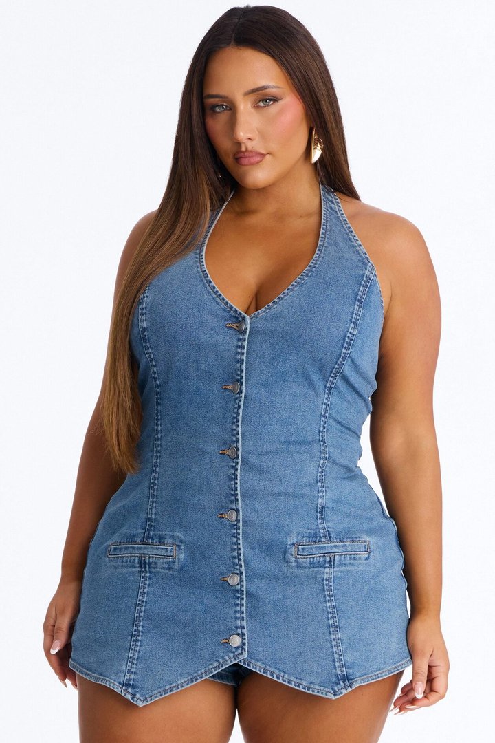 Cyndi Denim Halter Romper - Medium Wash