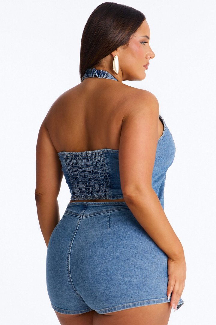 Cyndi Denim Halter Romper - Medium Wash