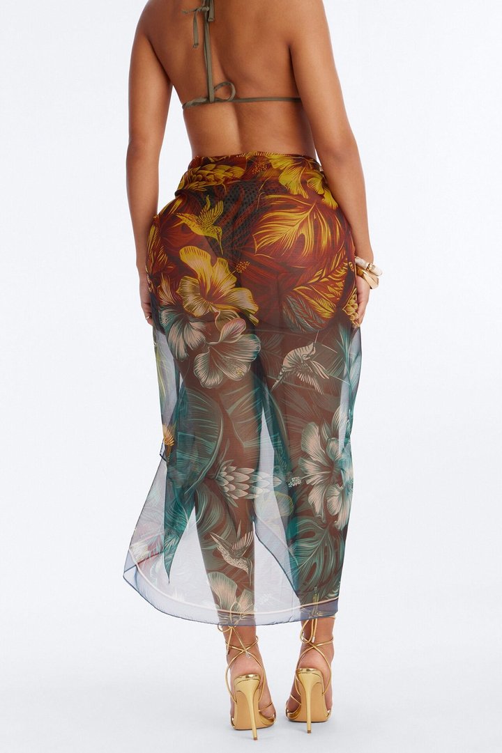 Jolie Sheer Waist Tie Swim Cover Up Sarong - Teal/combo