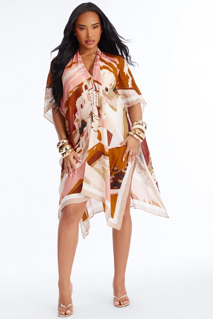 Pebbles Along The Shore Swim Cover Up Kimono - Brown/combo