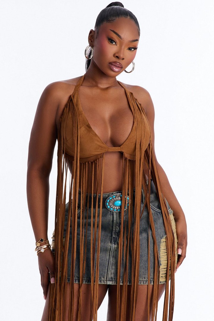 Stay Dramatic Fringe Halter Top - Tan