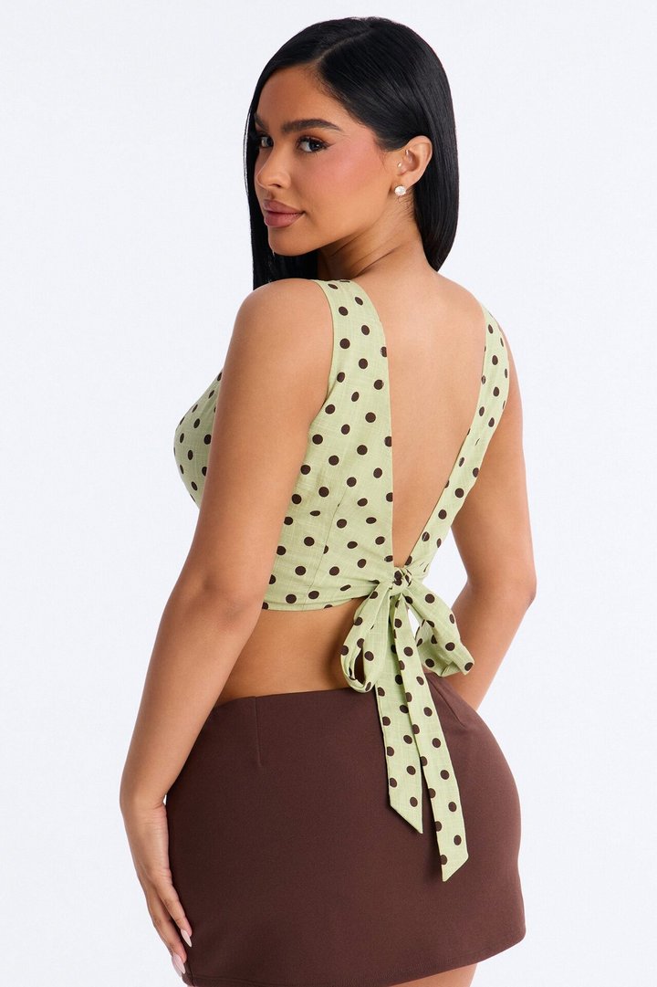 On The Cute Side Polka Dot Cropped Linen Top - Sage/combo