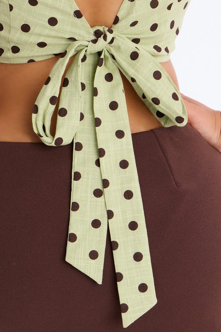 On The Cute Side Polka Dot Cropped Linen Top - Sage/combo