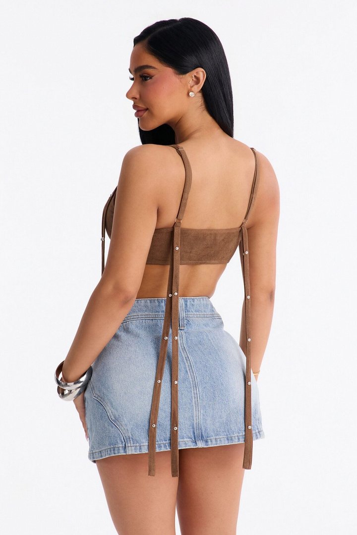 Desert Rebel Faux Suede Studded Fringe Bra Top - Brown