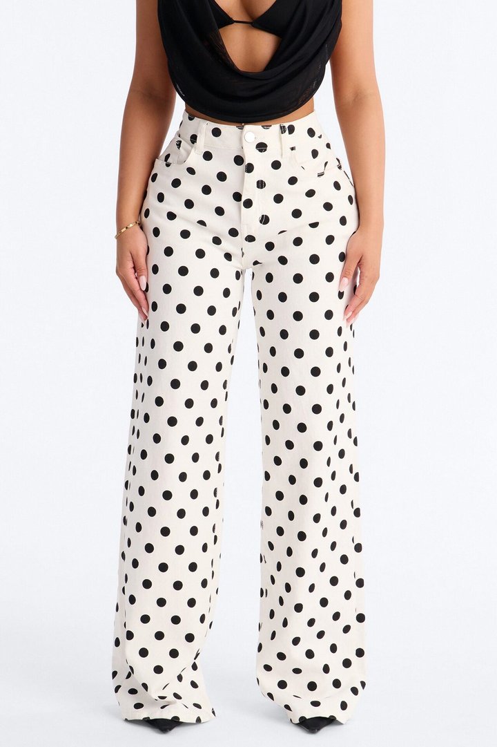 On The Dot Printed Wide Leg Jeans - White/combo