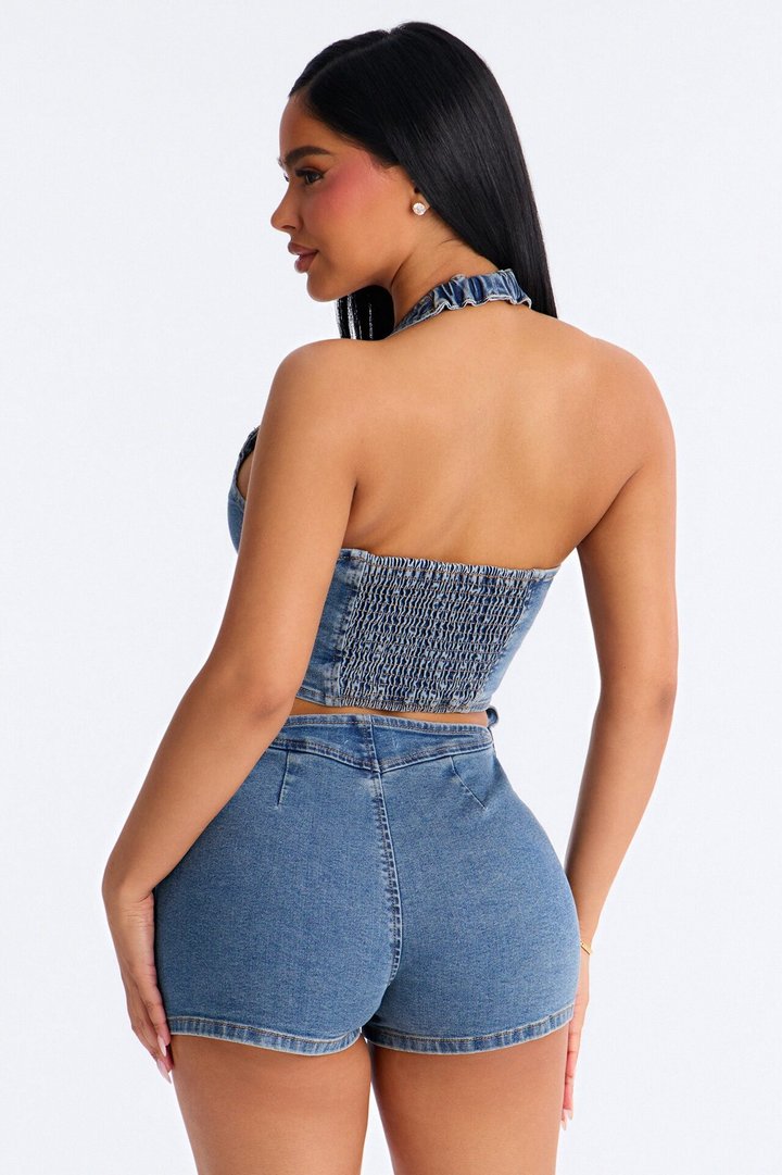 Cyndi Denim Halter Romper - Medium Wash