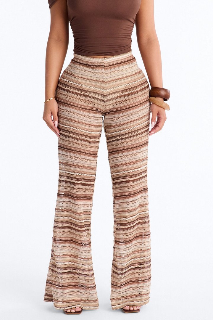 On The Beach Low Rise Crochet Flare Pant 33″ - Brown/combo
