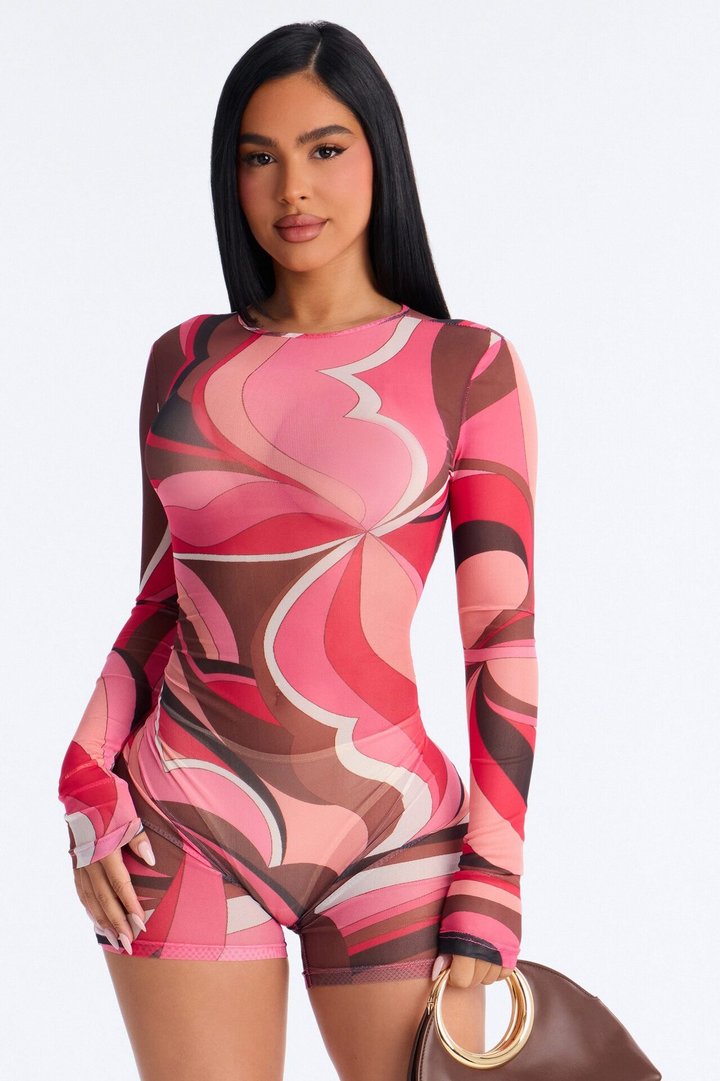 Tiana Long Sleeve Mesh Romper - Hot Pink