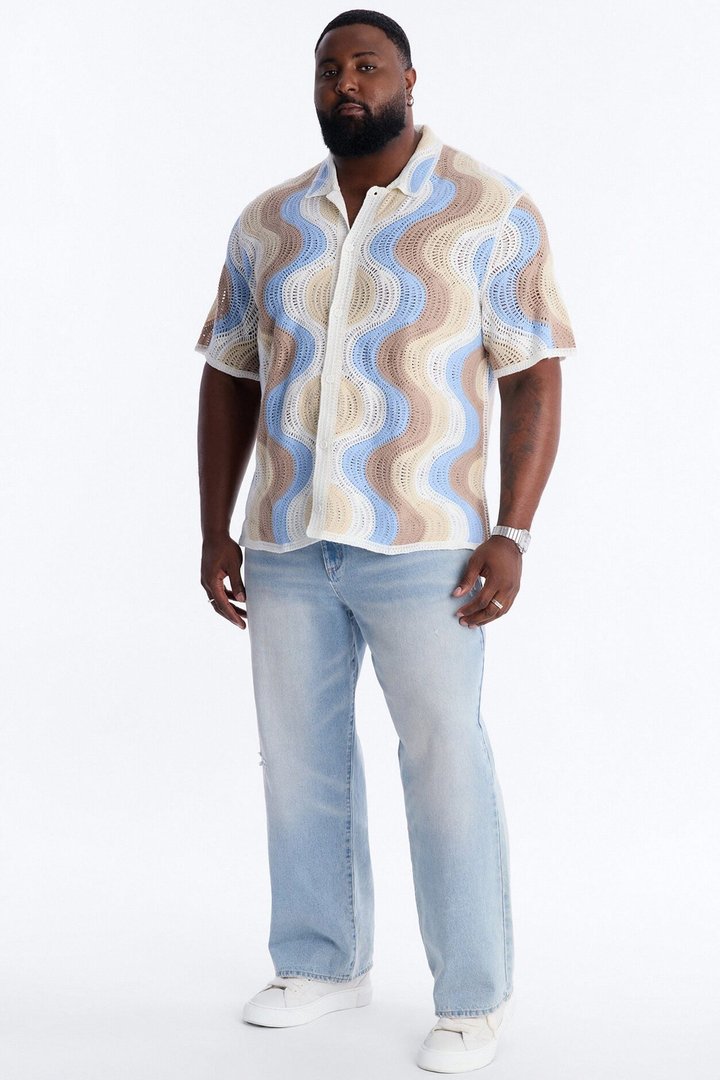 Desert Daze Crochet Short Sleeve Button Up Shirt - Multi Color