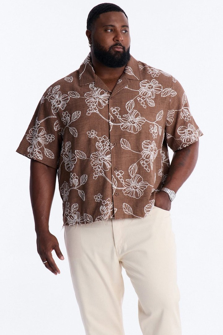 Relaxed Cropped After Shore Cuban Button Up Shirt - Brown