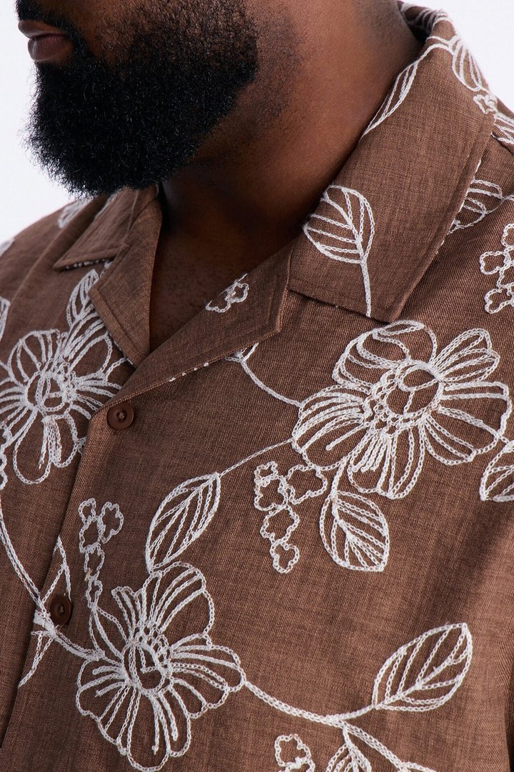 Relaxed Cropped After Shore Cuban Button Up Shirt - Brown