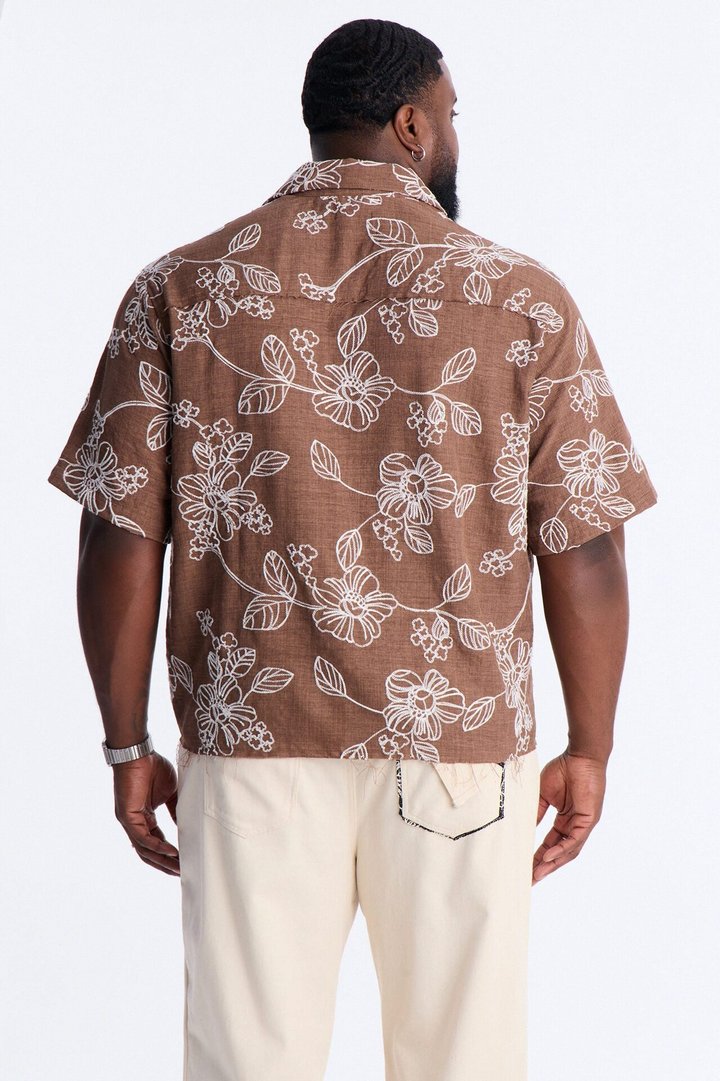 Relaxed Cropped After Shore Cuban Button Up Shirt - Brown