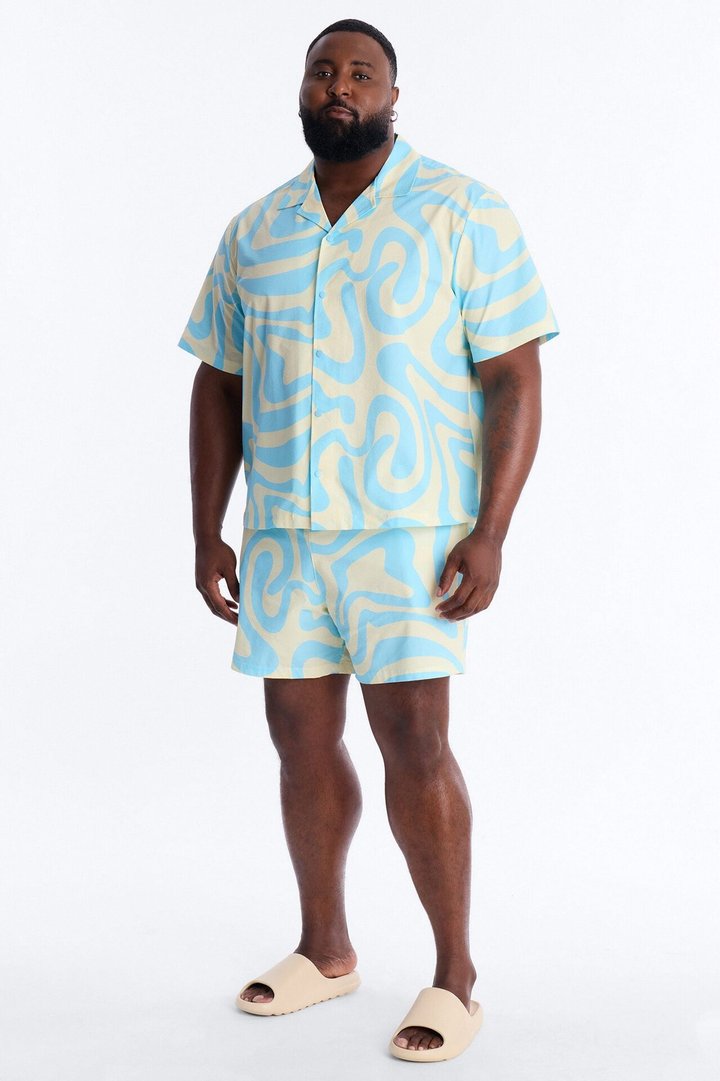Relaxed Groovy Abstract Printed Seersucker Cuban Collar Button Up Shirt - Blue