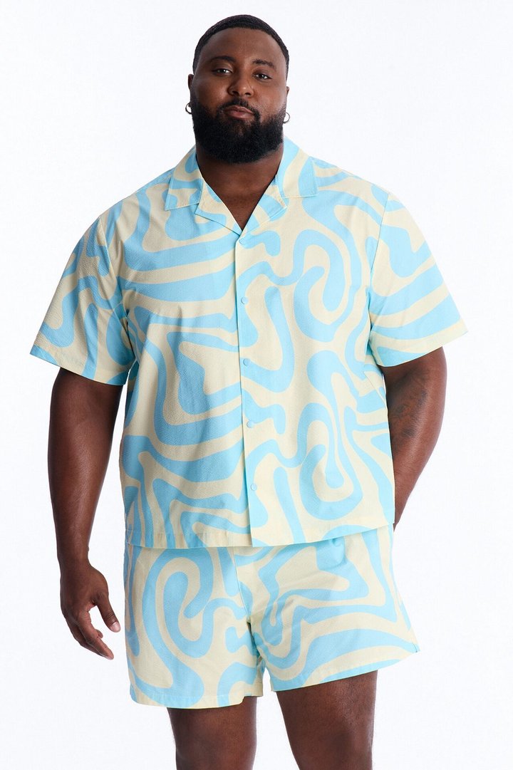 Relaxed Groovy Abstract Printed Seersucker Cuban Collar Button Up Shirt - Blue