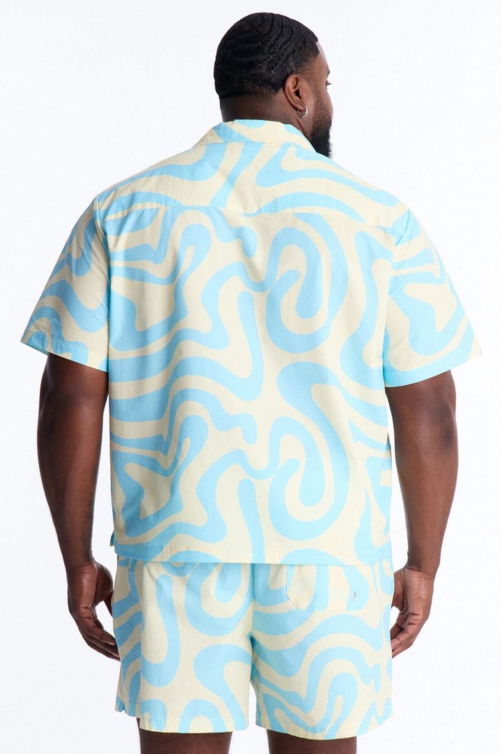 Relaxed Groovy Abstract Printed Seersucker Cuban Collar Button Up Shirt - Blue