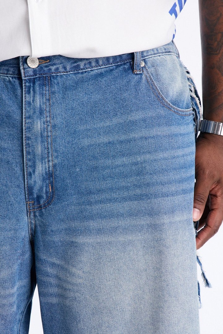 Baggy Rodeo Fringe Denim Short - Vintage Blue Wash