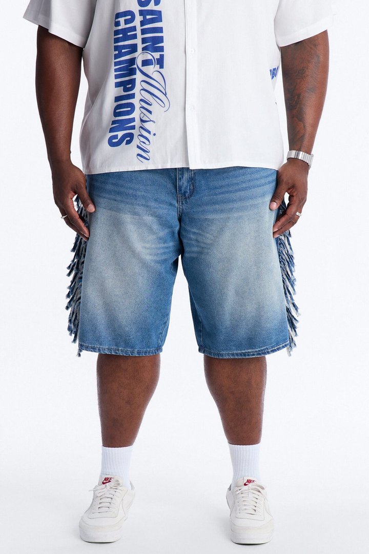 Baggy Rodeo Fringe Denim Short - Vintage Blue Wash