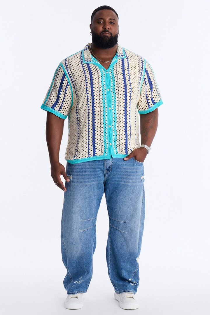Cropped Breeze Crochet Button Up Shirt - Blue