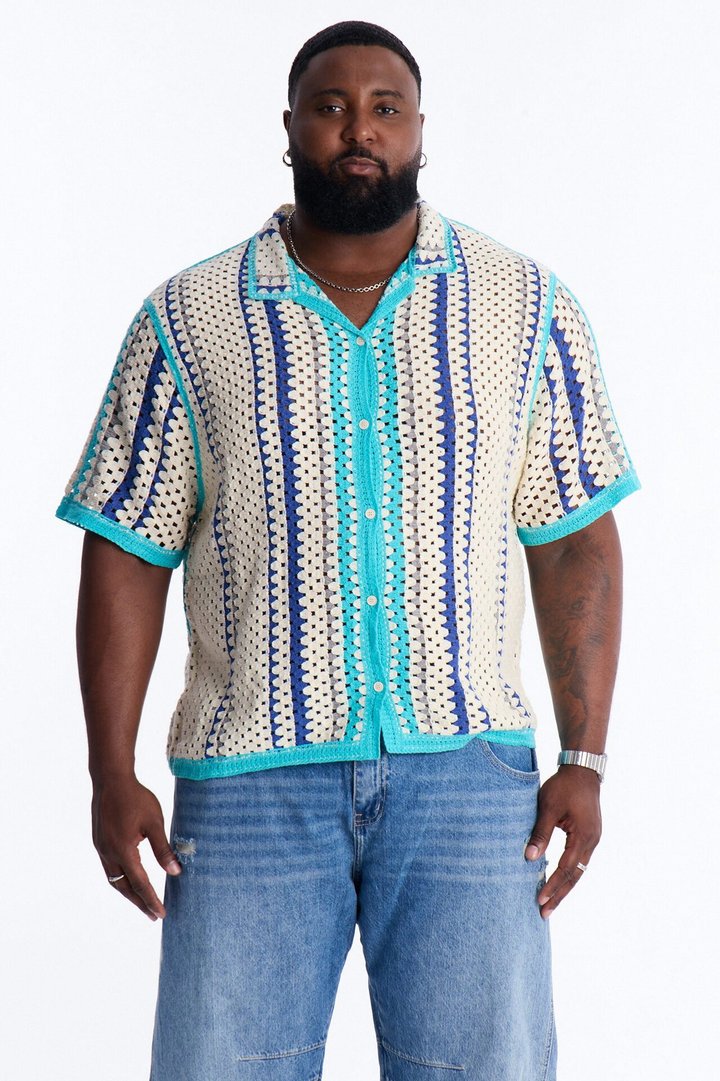 Cropped Breeze Crochet Button Up Shirt - Blue