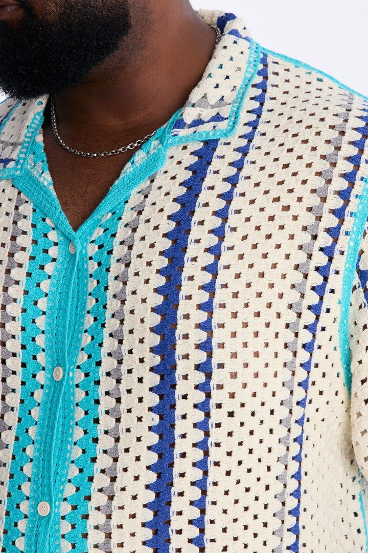 Cropped Breeze Crochet Button Up Shirt - Blue