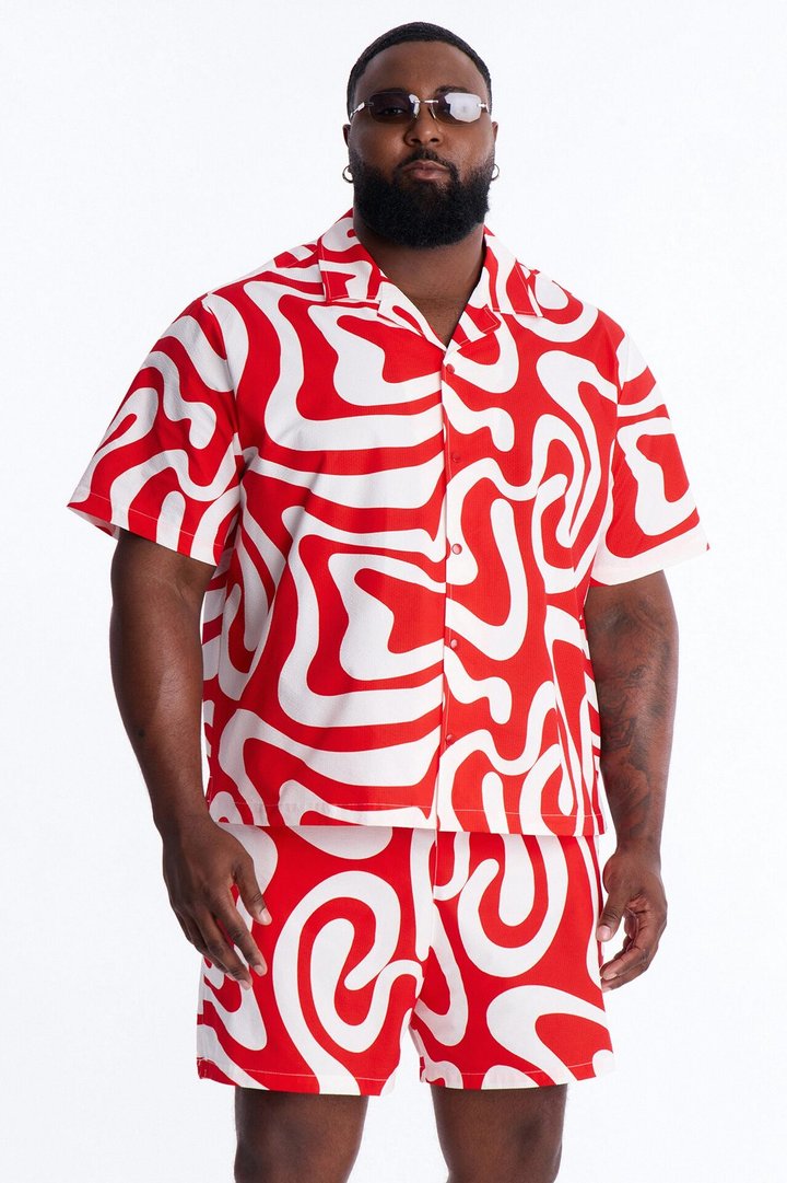 Relaxed Groovy Abstract Printed Seersucker Cuban Collar Button Up Shirt - Red