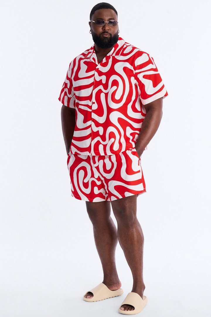 Groovy Abstract Printed Seersucker Swim Trunk 6″ - Red