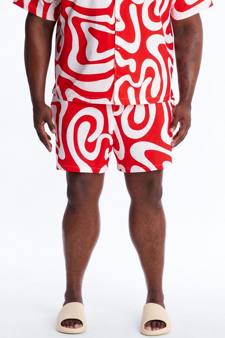 Groovy Abstract Printed Seersucker Swim Trunk 6″ - Red
