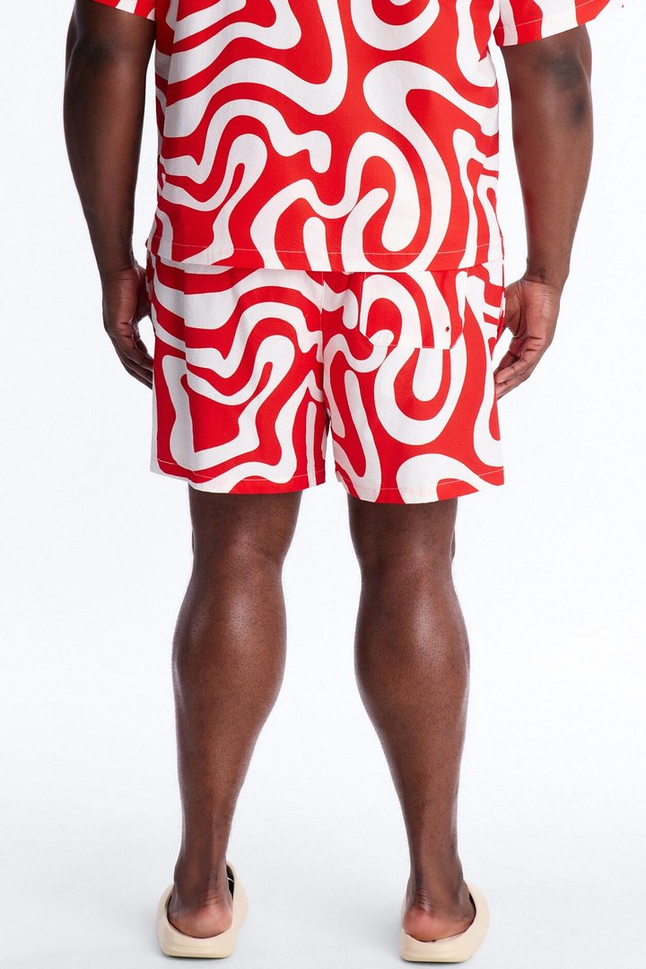 Groovy Abstract Printed Seersucker Swim Trunk 6″ - Red