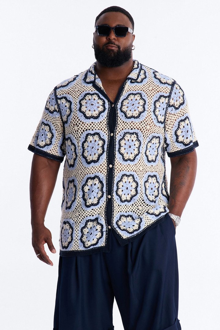 Laguna Crochet Button Up Shirt - Light Blue