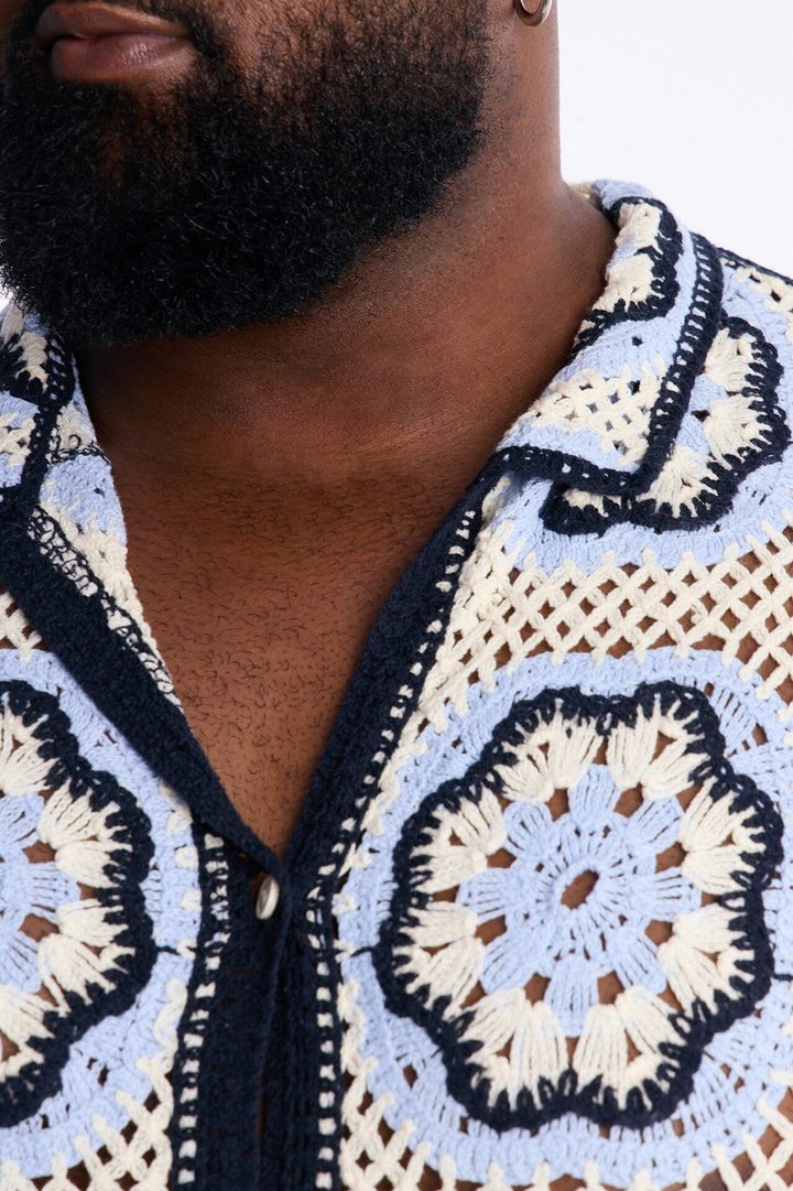 Laguna Crochet Button Up Shirt - Light Blue