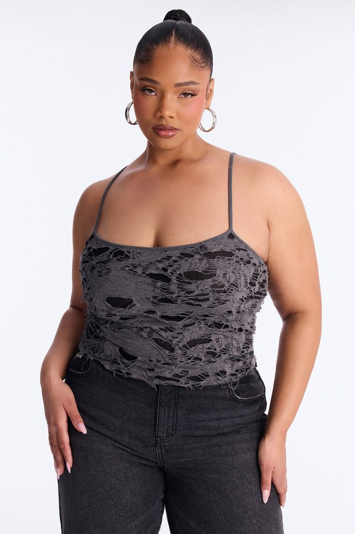Undone Distressed Scoop Neck Tank Top - Charcoal