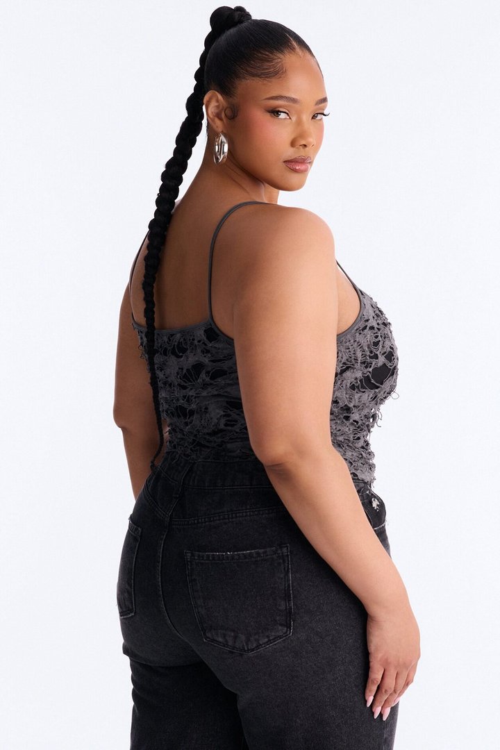 Undone Distressed Scoop Neck Tank Top - Charcoal